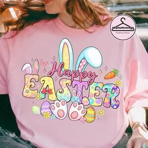 Retro Happy Easter Bunny Shirt, Kawaii Rainbow Egg Tee, Spring Toddler Outfit